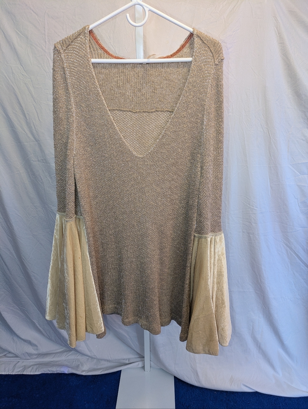 Free People Celestial Metallic Knit Tunic Sweater with Velvet Bell Sleeves - M